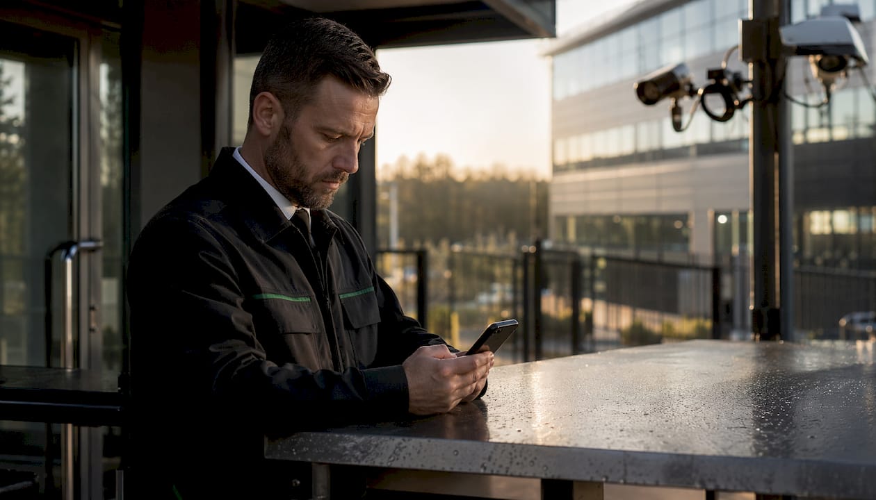Ein Mitarbeiter hält sein Smartphone am mobilen Arbeitsplatz im Außendienst.