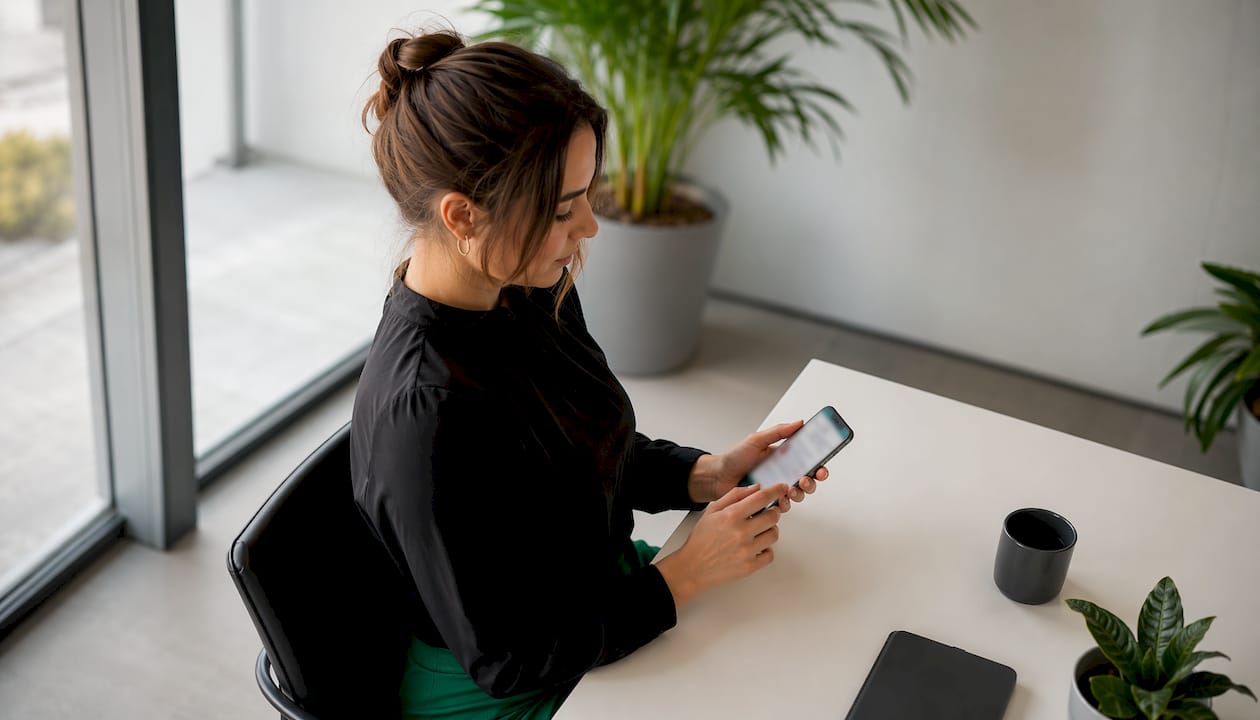 Eine Mitarbeiterin plant ihren Dienst über eine App auf dem Smartphone direkt am Schreibtisch.
