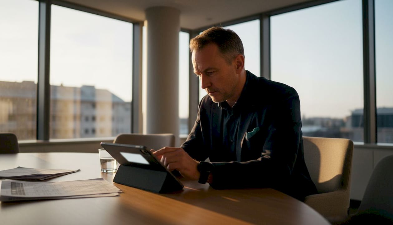 Ein Mitarbeiter wirft im Besprechungsraum einen Blick auf seinen Dienstplan am Tablet.