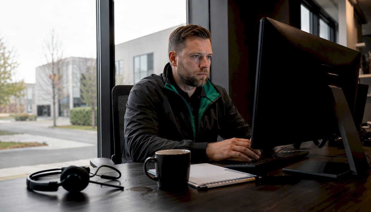 Ein Mitarbeiter des Sicherheitsdienstes sitzt im Büro und plant am Computer die nächsten Schichten.
