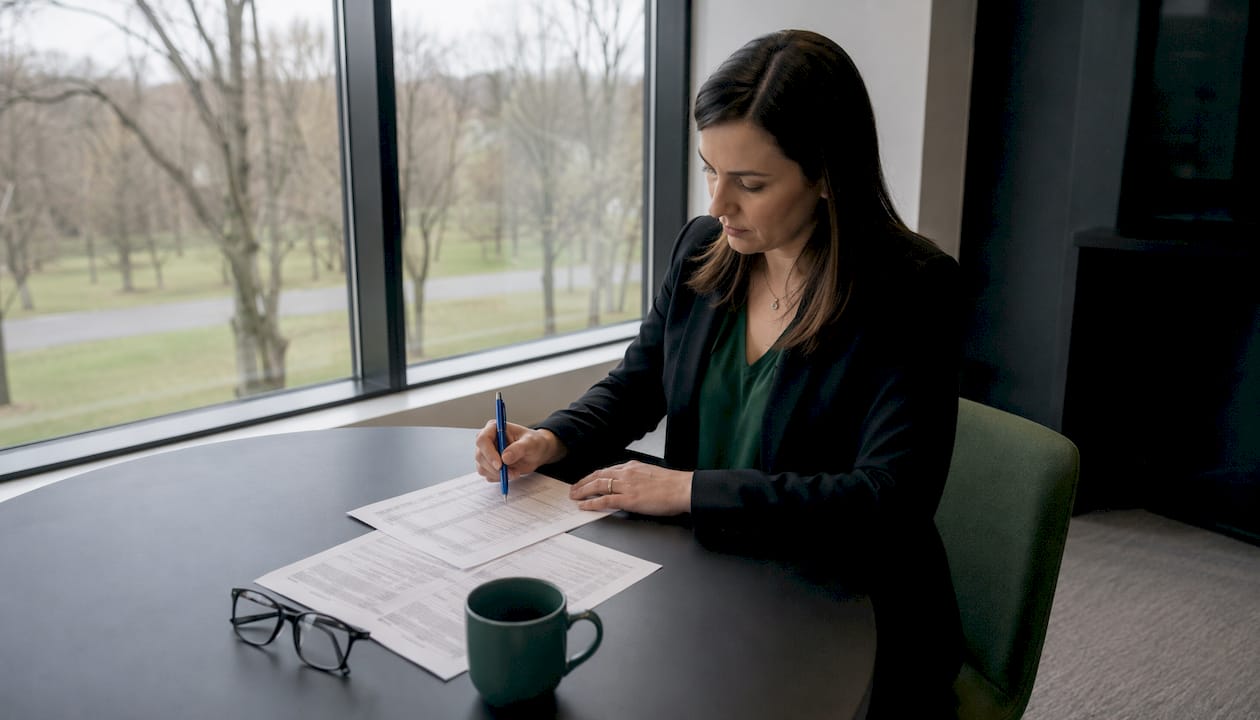 Eine Frau sitzt am Schreibtisch und geht aufmerksam ihre Liste mit Kompetenzen durch.