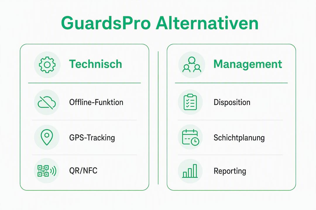 Infografik: Funktionsübersicht und Vergleich alternativer Lösungen zu GuardsPro