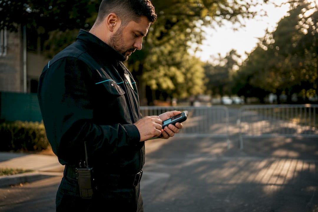 Sicherheitsmitarbeiter nutzt tragbares GPS-Gerät