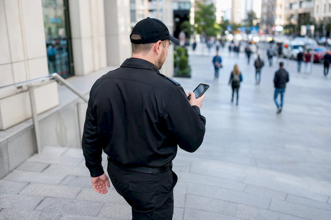 Sicherheitsmitarbeiter nutzt GPS-Gerät im Freien