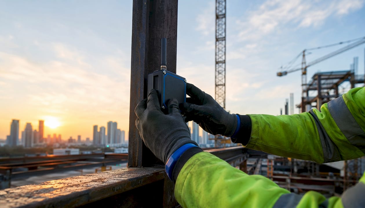 Hands installing an IoT sensor on a construction beam