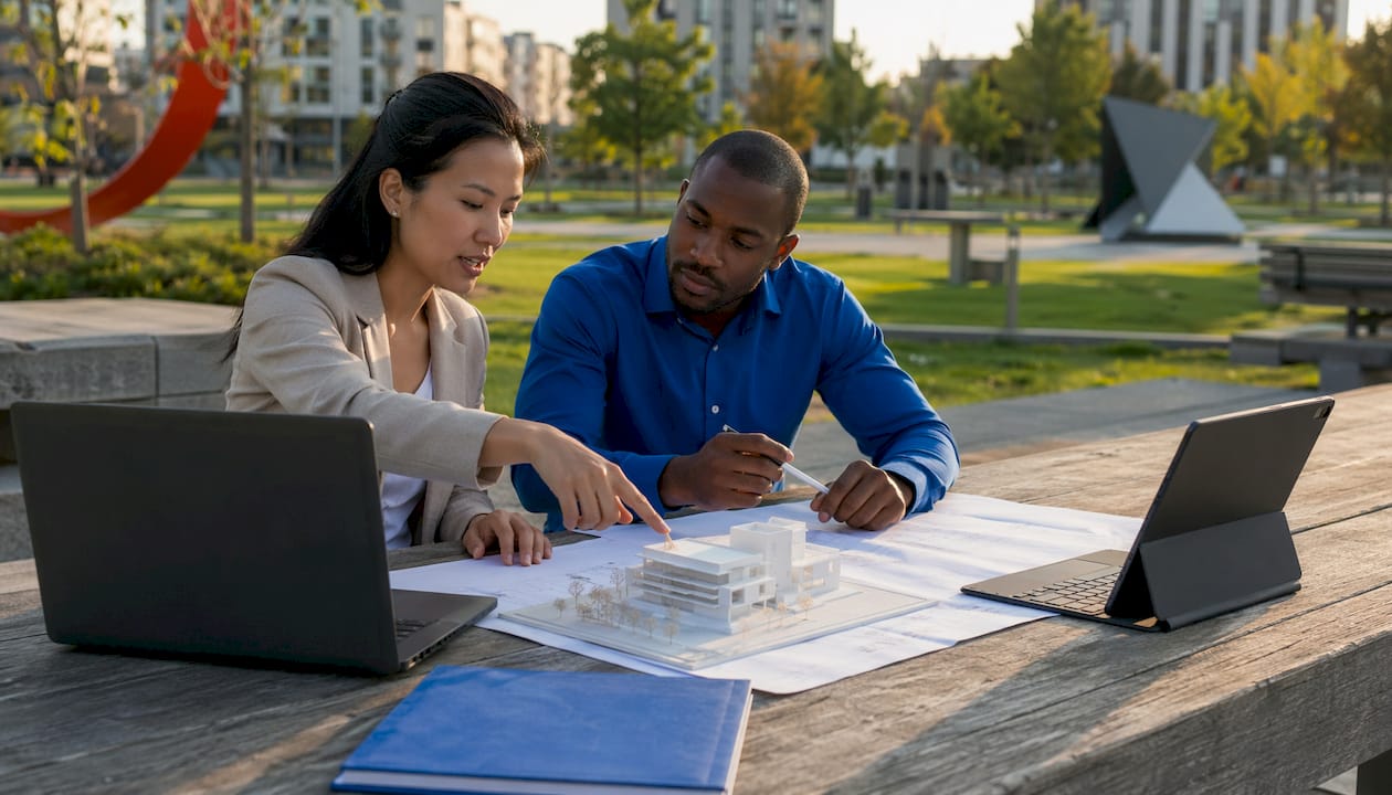 Two architects compare ideas around a scale model in their studio.