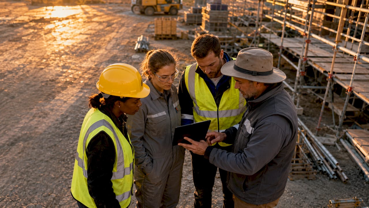 Alcuni operai stanno consultando delle informazioni su un tablet direttamente in cantiere.