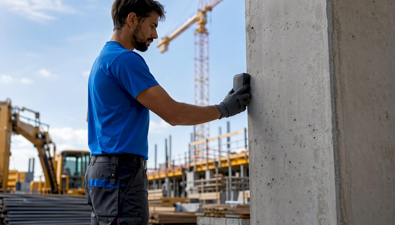 Un tecnico all'aperto tiene in mano un dispositivo BLE per il tracciamento