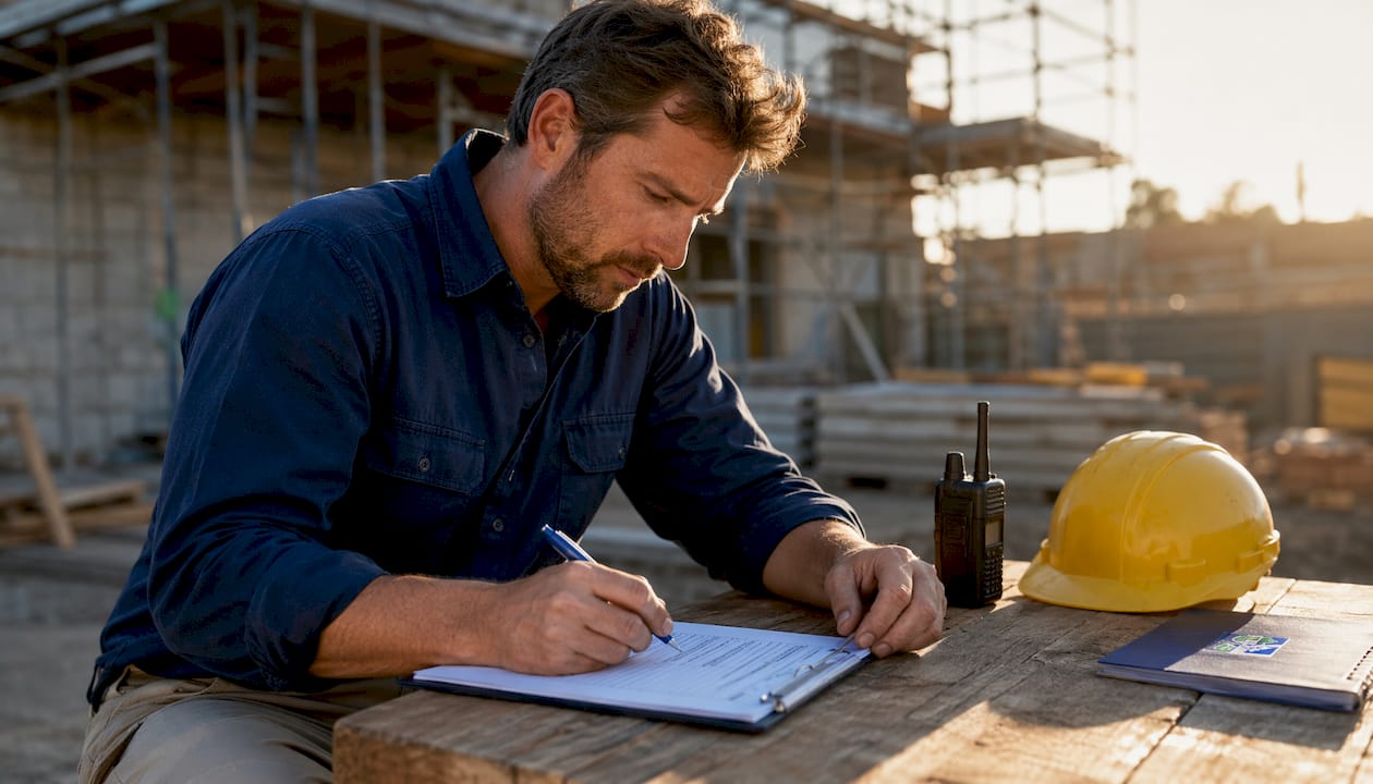 Workers completing the checklist for access to the construction site