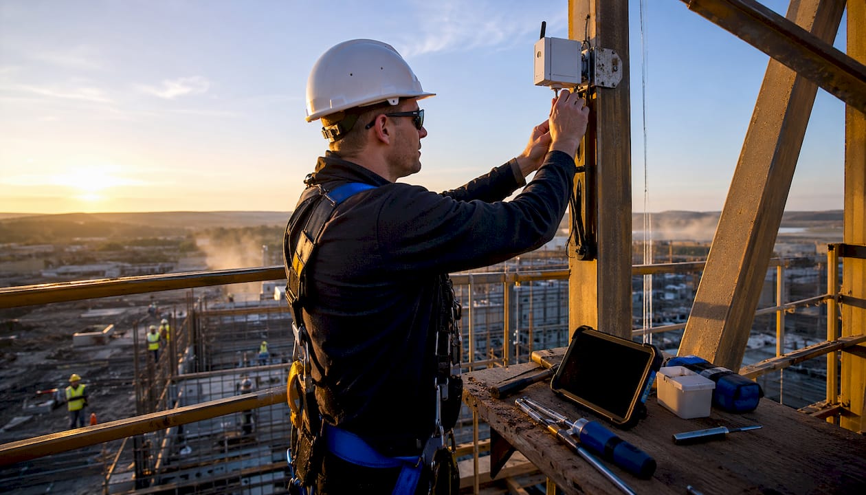 Un tecnico sta configurando un dispositivo IoT direttamente in cantiere.