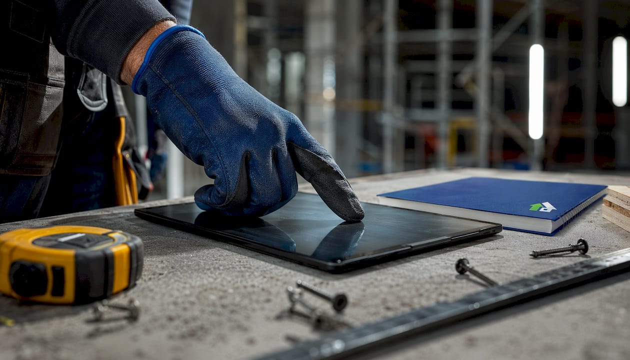 Operaio con guanti che utilizza lo smartphone in cantiere
