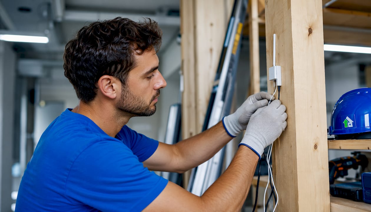 Un tecnico sta montando sensori IoT su una struttura metallica all’interno di un cantiere.