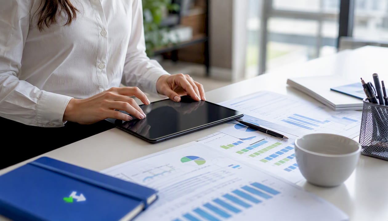 Mani di un manager impegnato tra tablet e documenti di lavoro