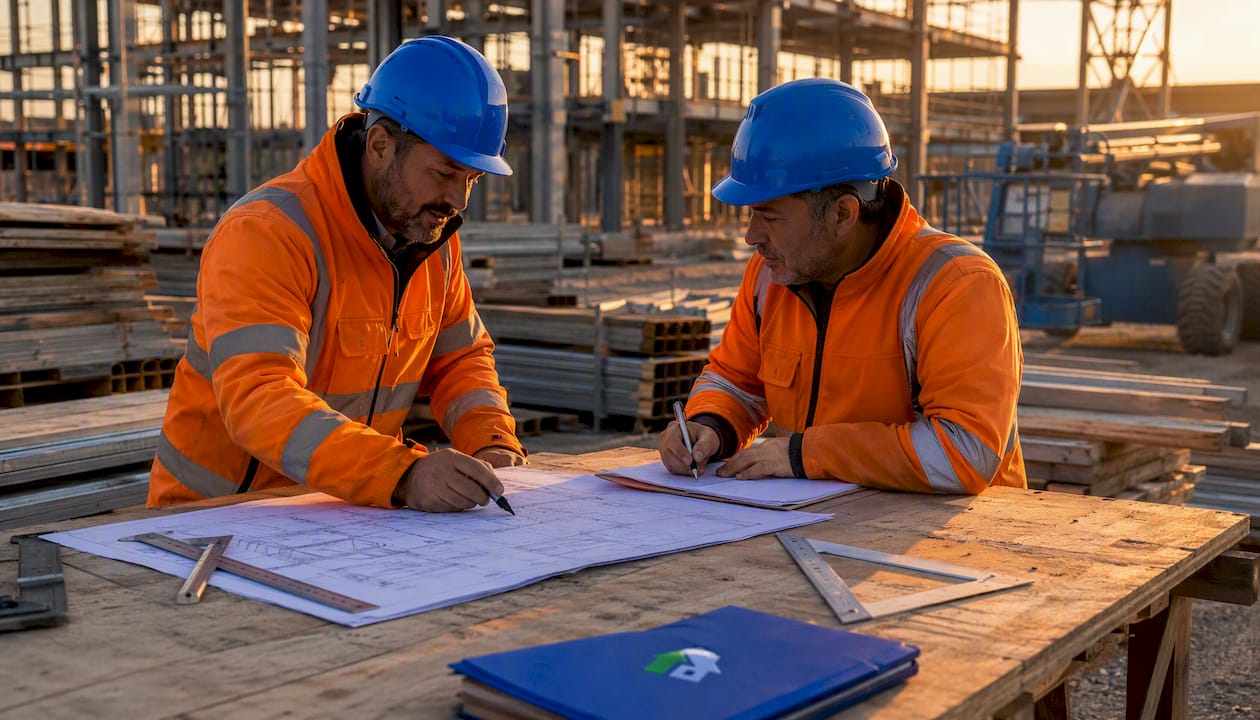 Due tecnici stanno confrontandosi sul programma dei lavori direttamente in cantiere.