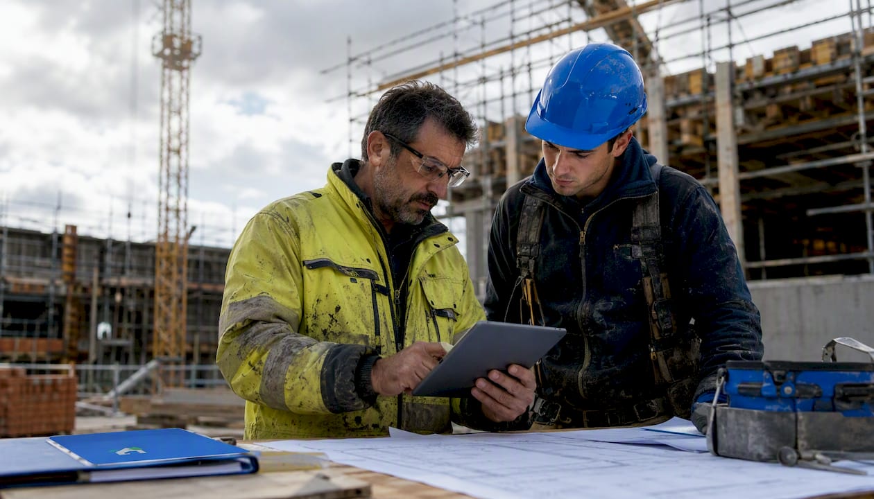 Il responsabile di cantiere consulta il tablet mentre coordina i lavori sul sito, gestendo ogni fase del progetto direttamente dal dispositivo.