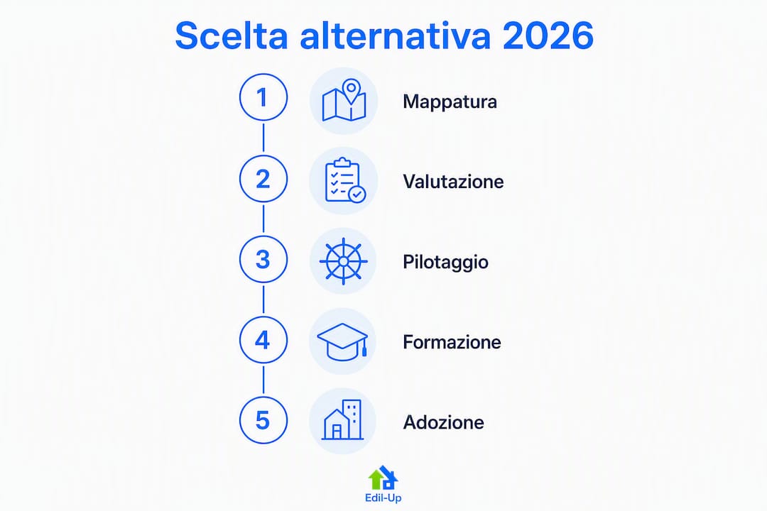 Infografica che illustra le diverse fasi per scegliere un’alternativa a Microsoft Project