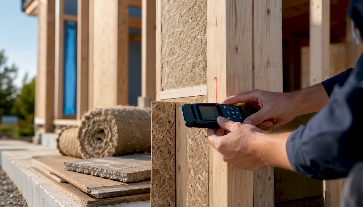 Mani che prendono le misure di una cornice in legno con un metro laser