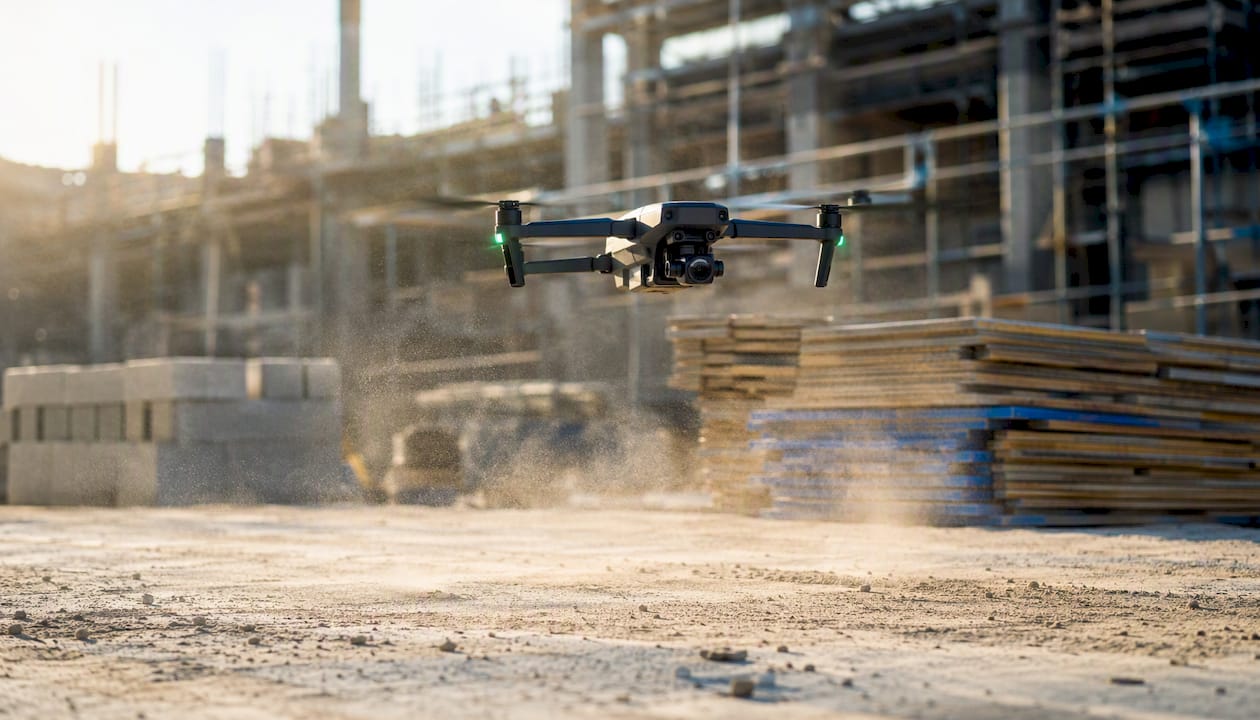Un drone si alza in volo all’interno di un cantiere edile.