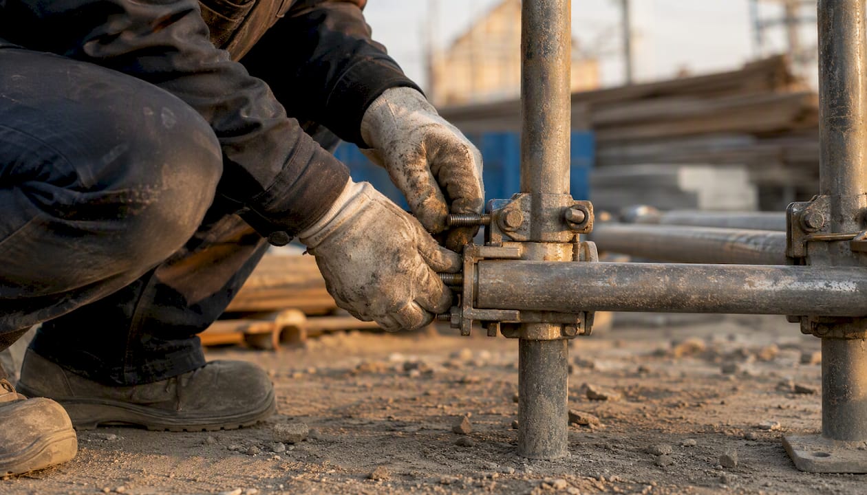 Mani al lavoro mentre montano i pezzi dell’impalcatura