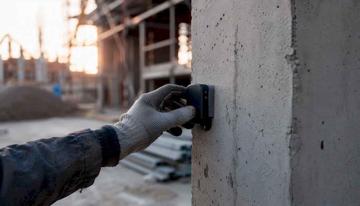 Un tecnico sta applicando un sensore IoT su una colonna in cemento.