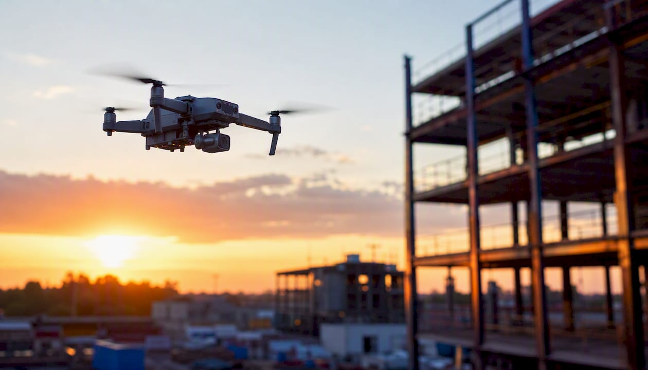 Un drone sorvola il cantiere per effettuare una scansione 3D dell’area.