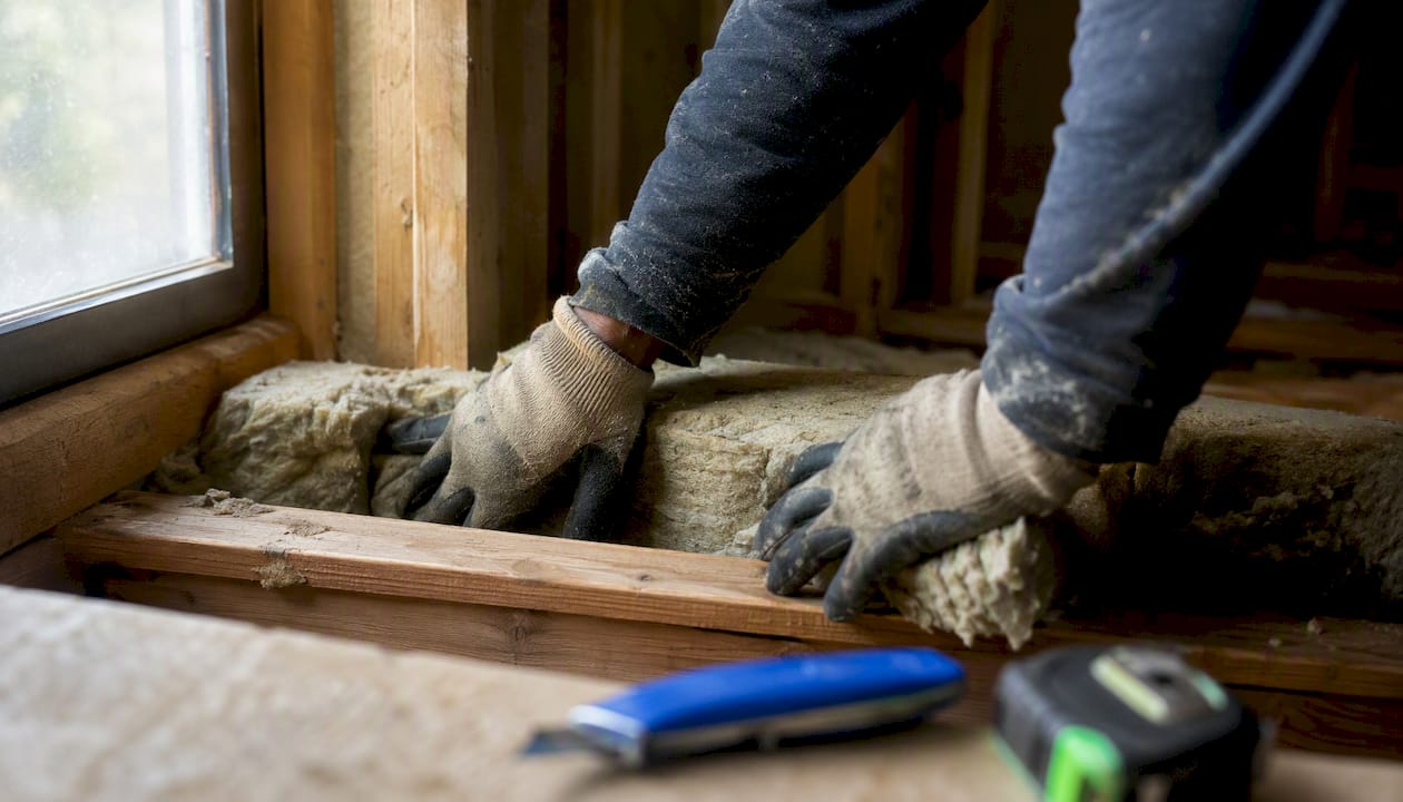 Mani al lavoro mentre posano l’isolante tra le travi in legno