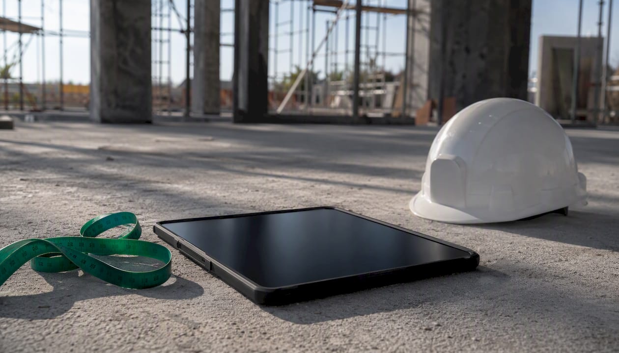 Tablet con schermo spento posato su un cantiere