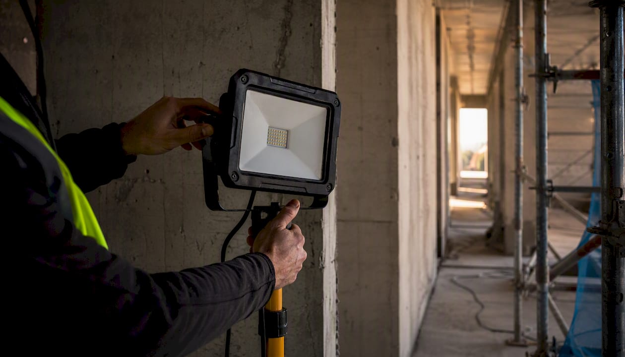 Mani che sistemano una lampada portatile in un cantiere edile