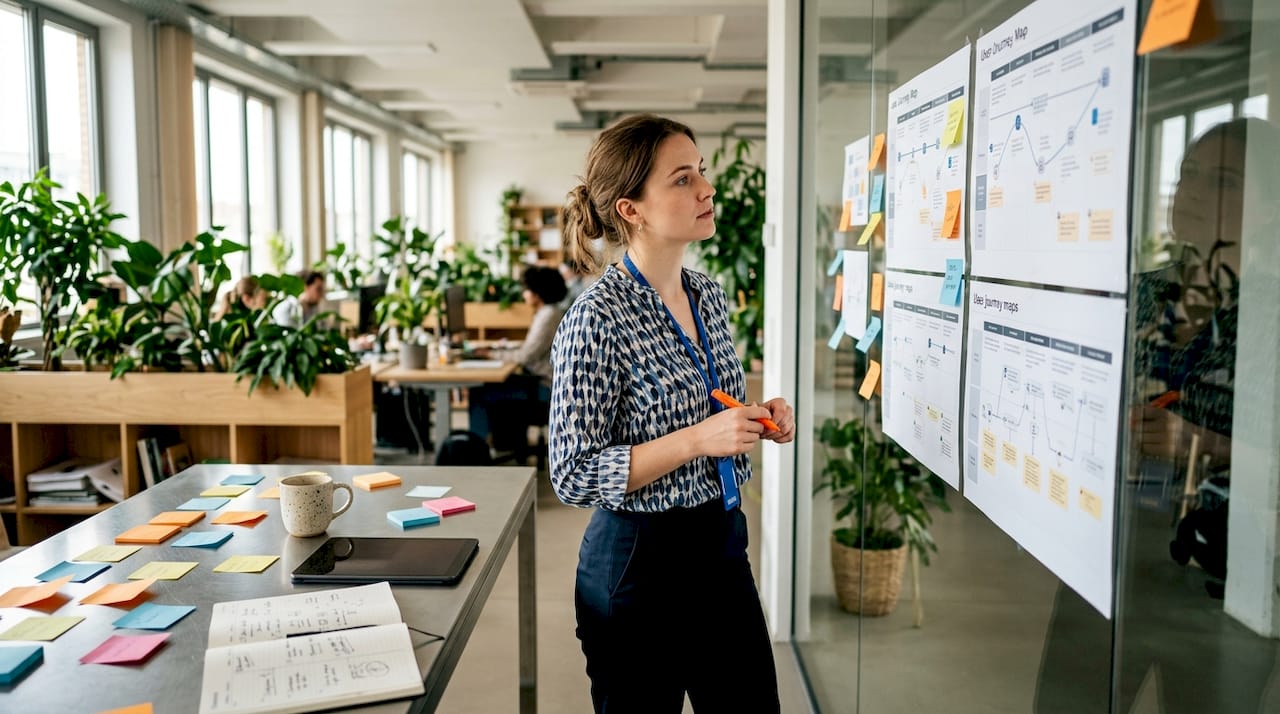 Professional woman reviewing user journey maps on corkboard