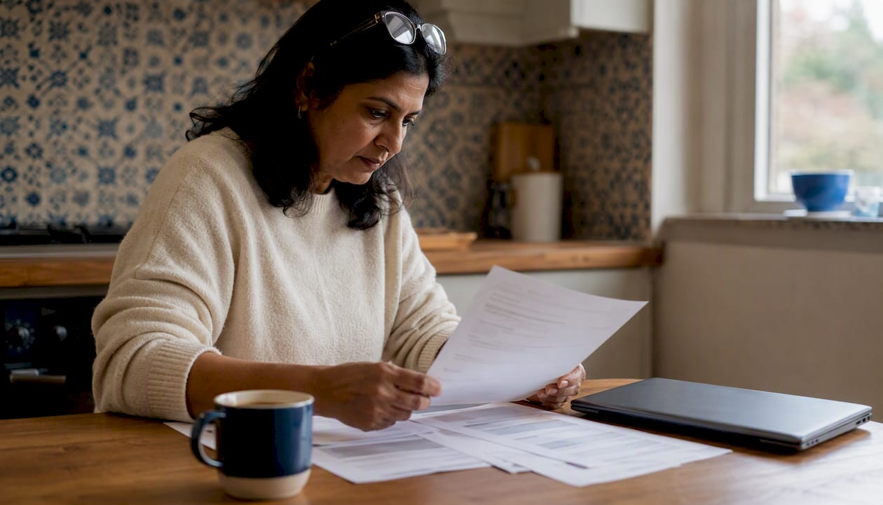 Woman reviewing UK data analytics compliance printouts
