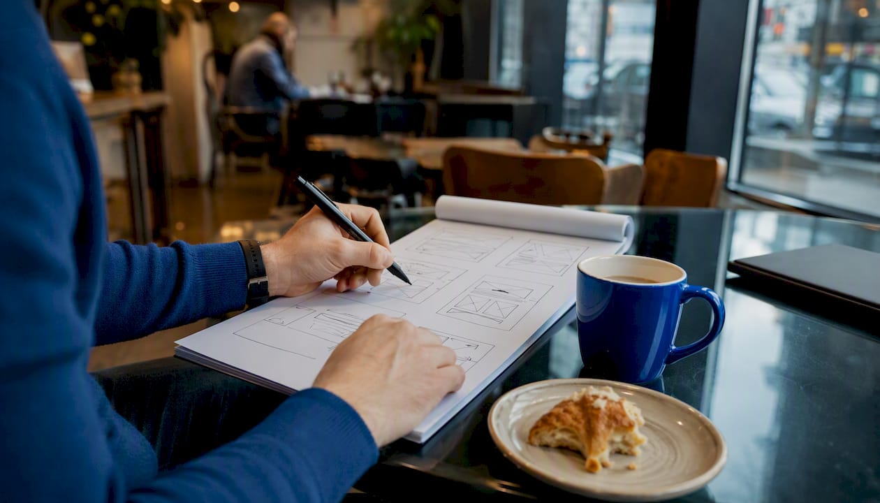 Hands sketching website wireframes at studio desk
