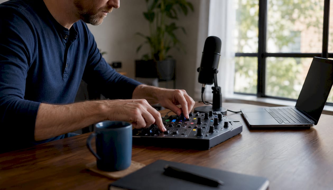 Hands adjusting screen recording equipment in studio