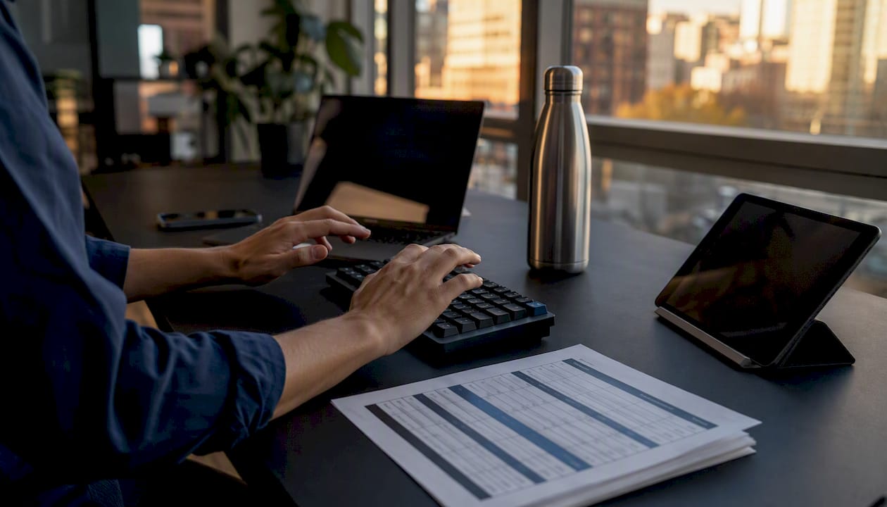 Hands typing with UTM naming chart on desk