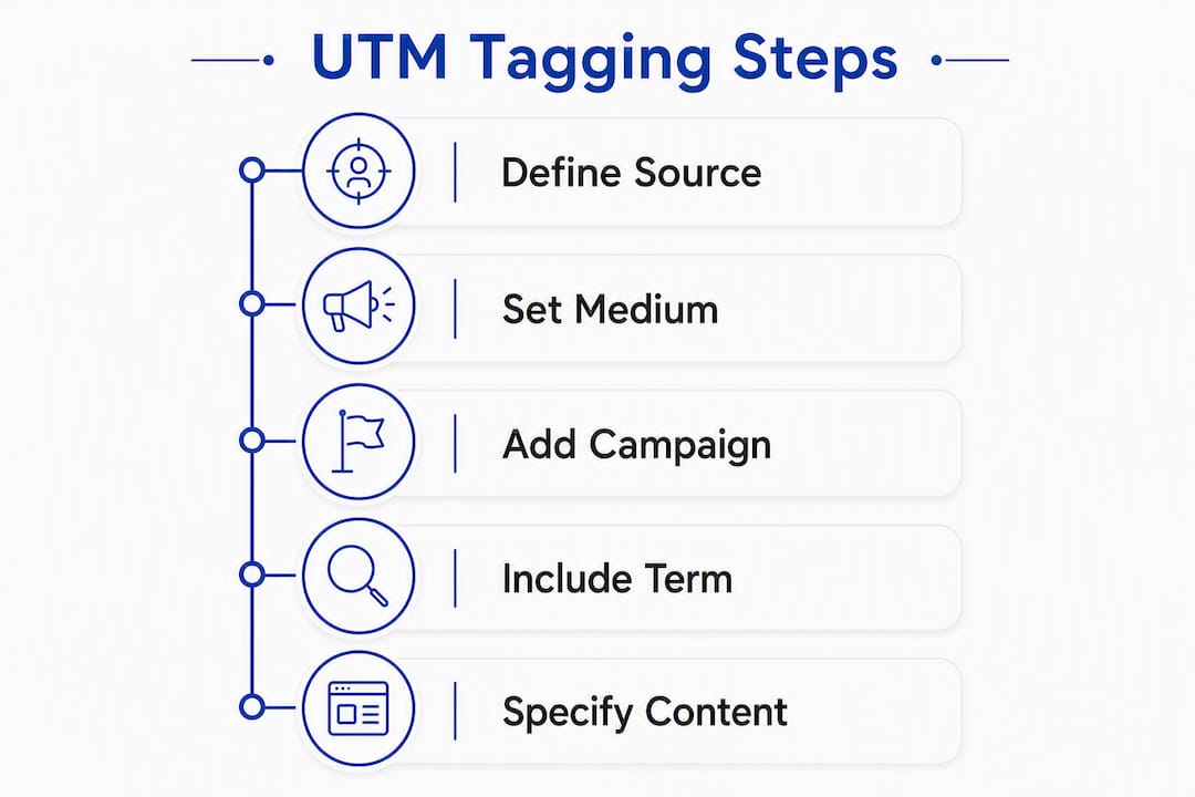 Infographic showing step-by-step UTM tagging process