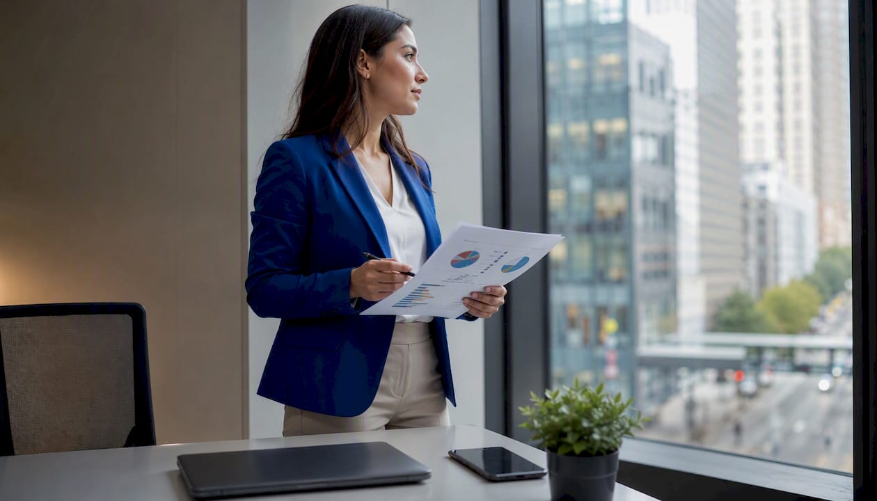 Marketer reviewing printed conversion data reports