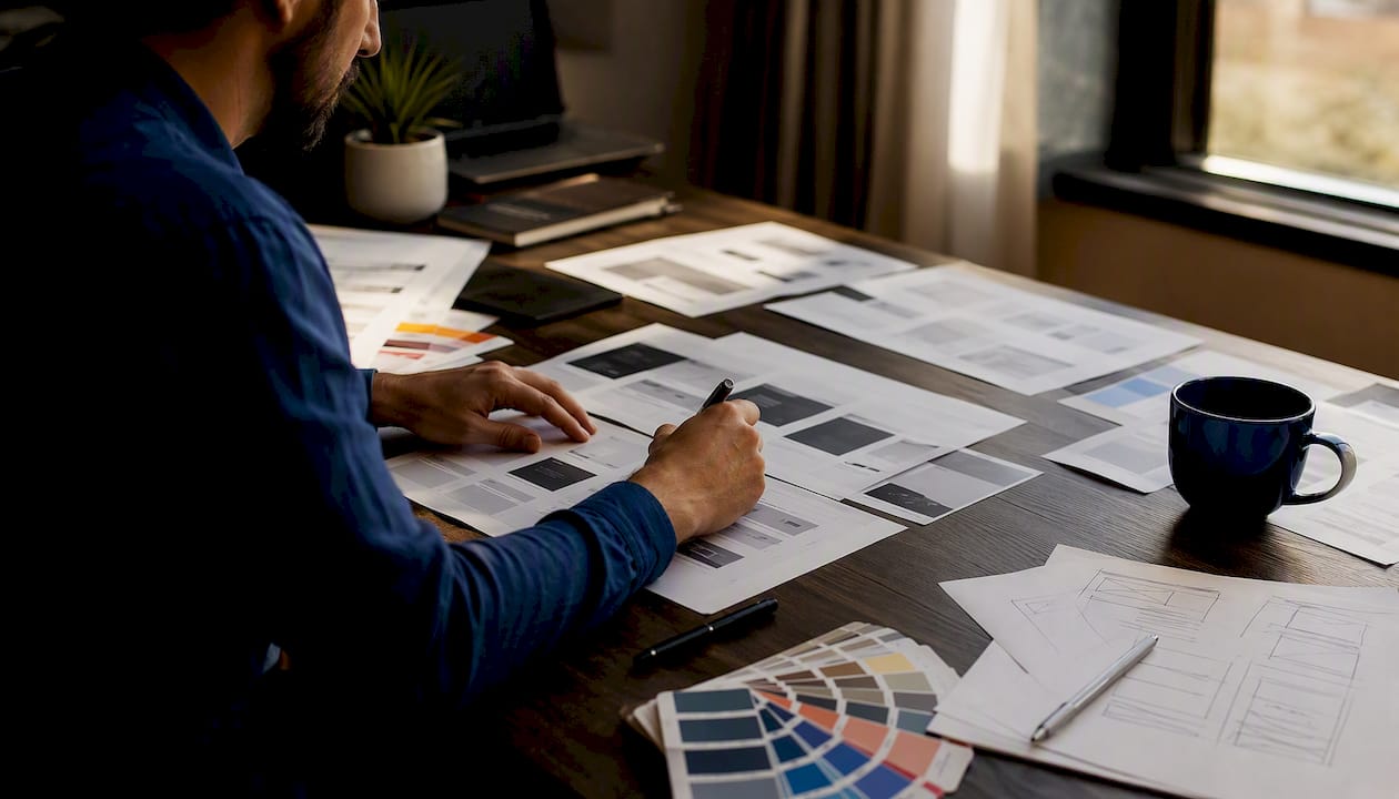 Overhead of hands editing website headline drafts