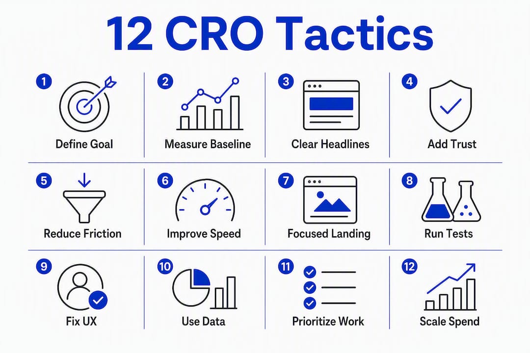 Infographic illustrating 12 high-impact CRO tactics