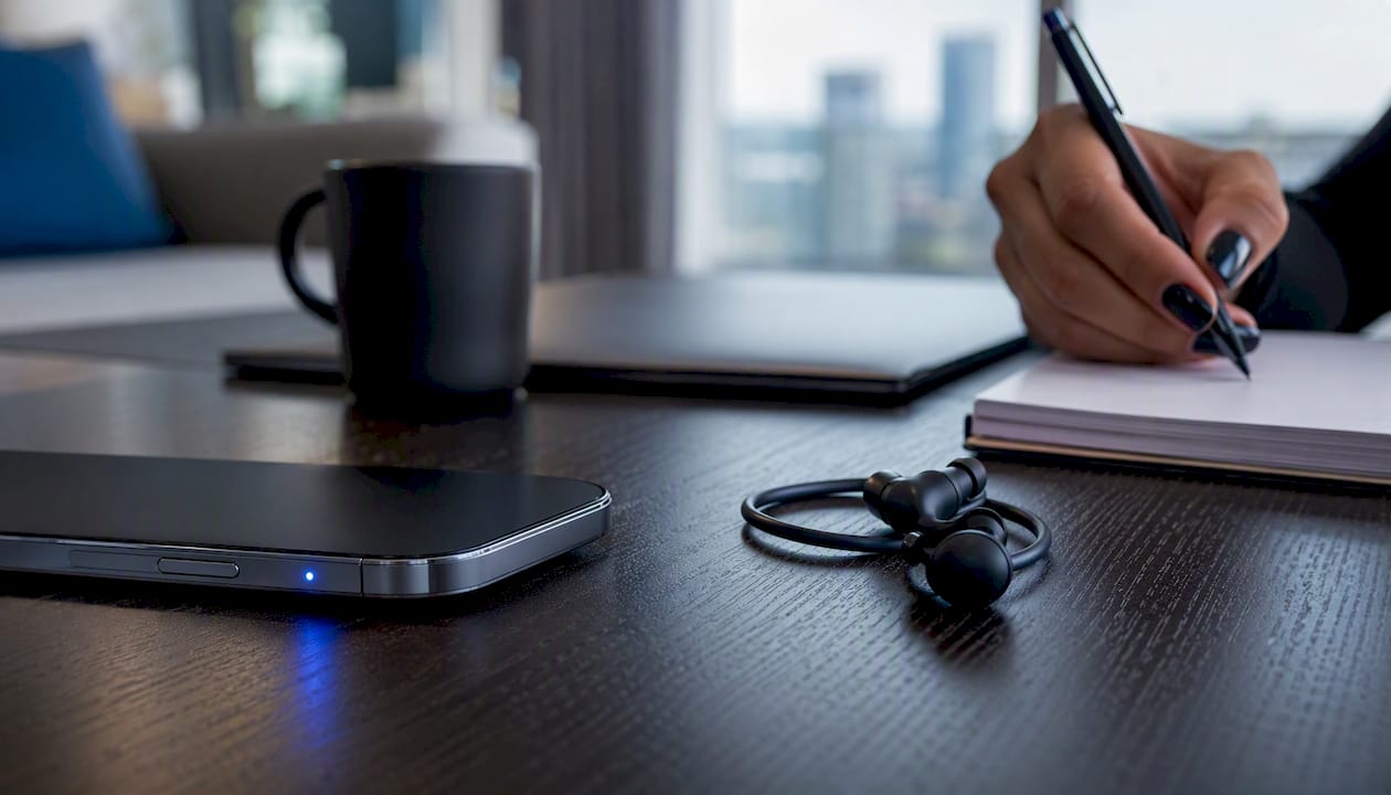 Smartphone with missed call notification on desk