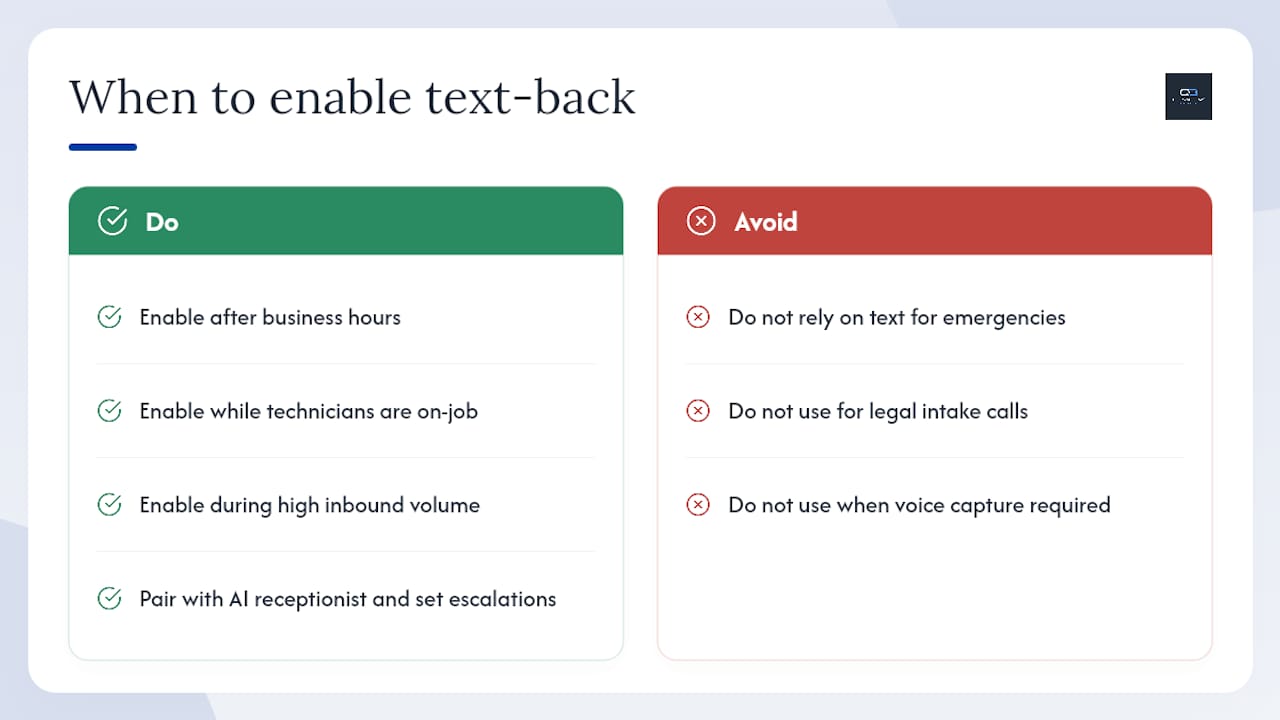 When should you enable missed call text back? — overview diagram