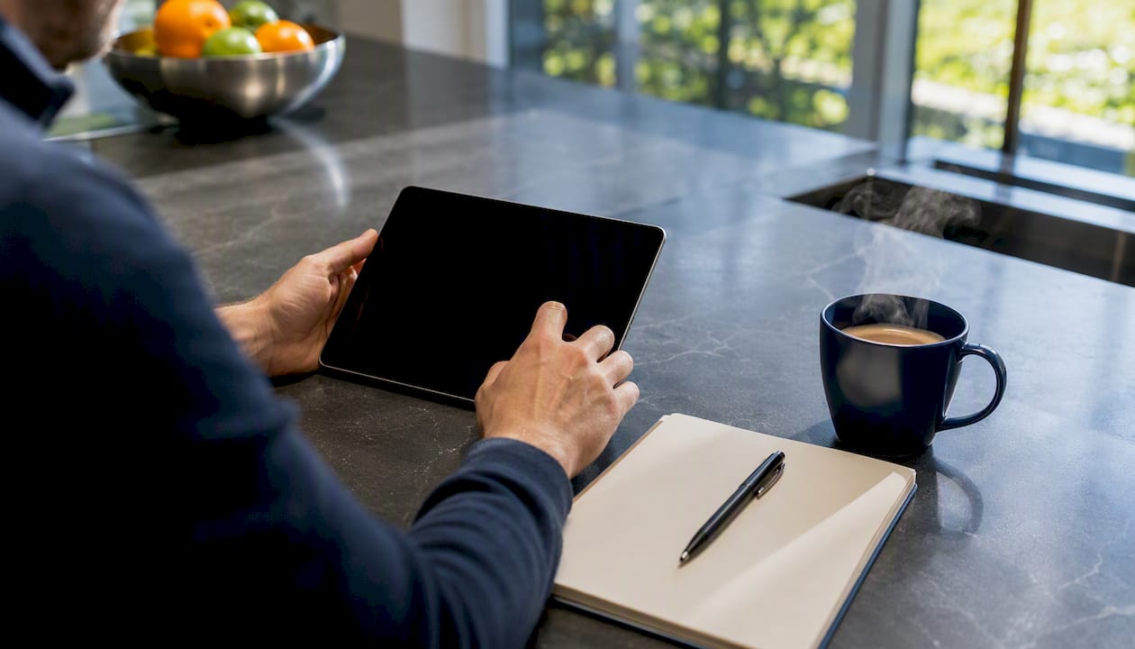Workspace with tablet, notebook, coffee