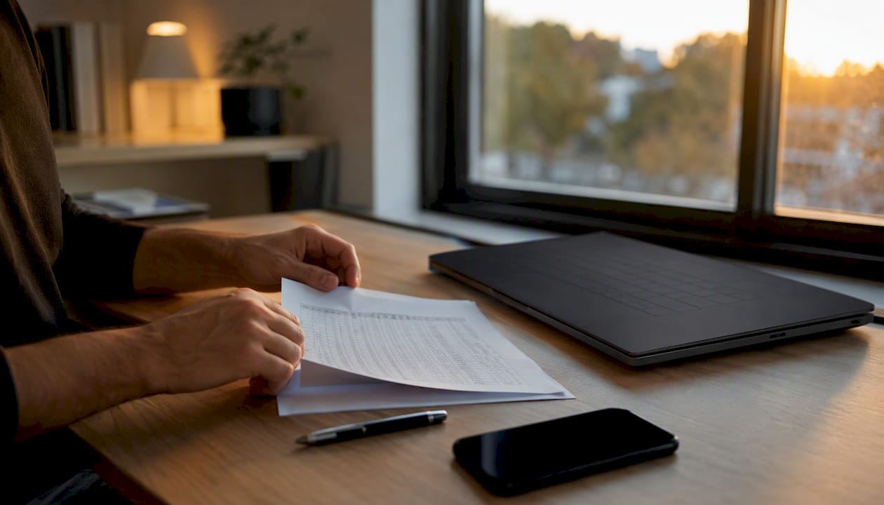 Hands preparing CSV file beside dark laptop