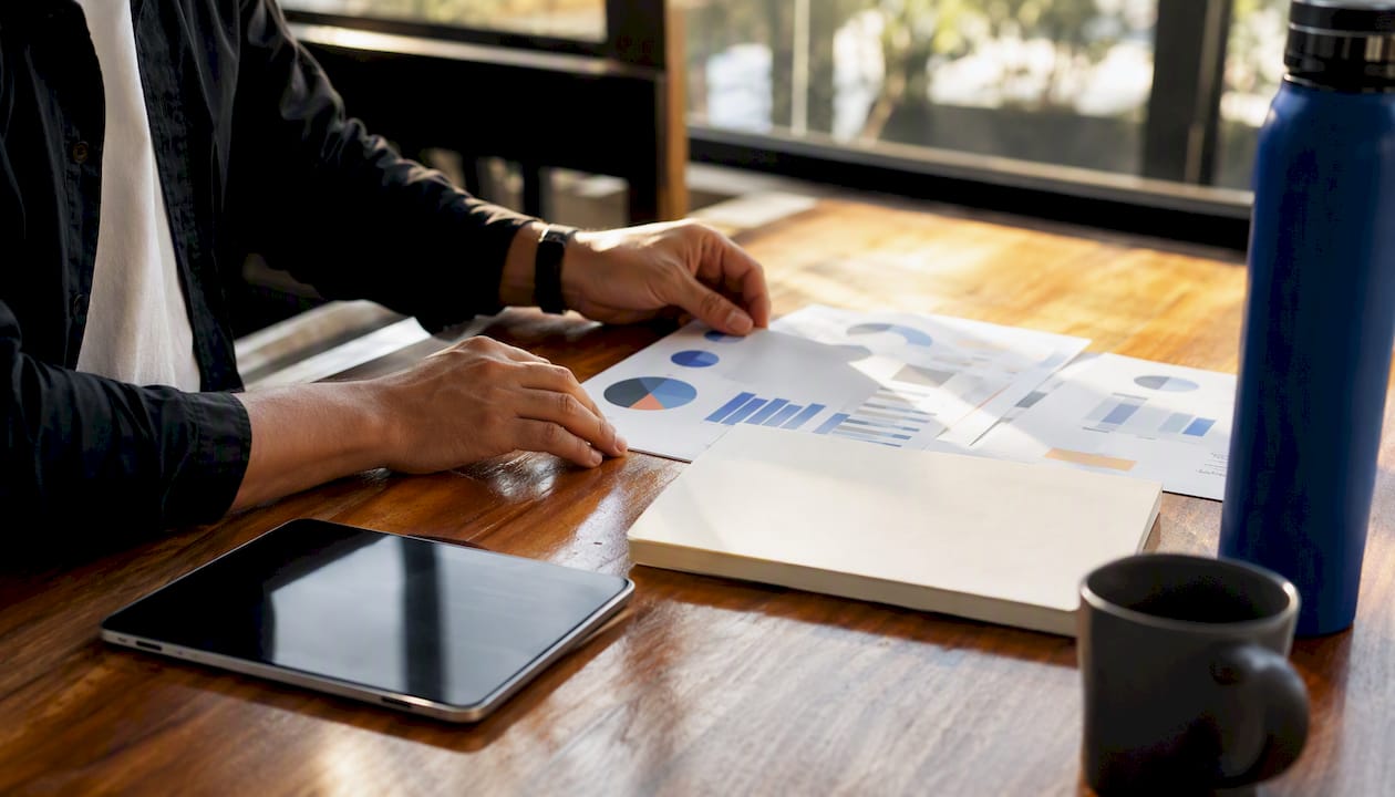 Hands arranging marketing dashboard metric papers