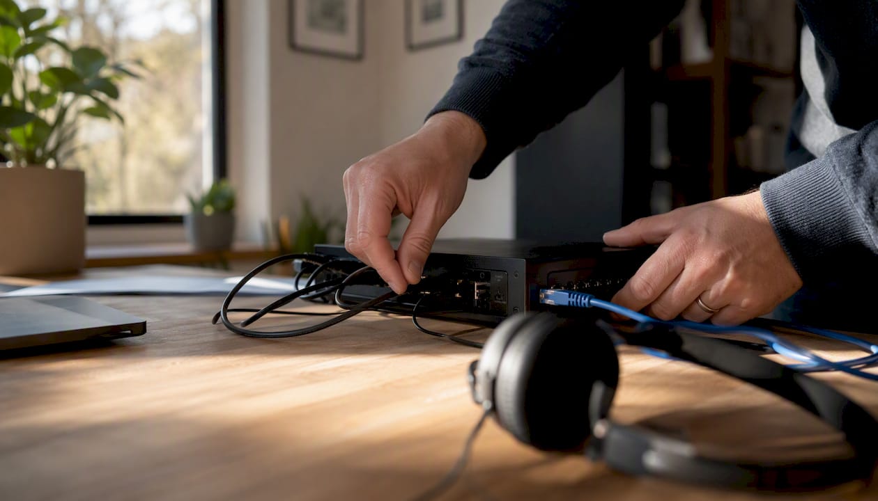 Hands adjusting telephony hardware for AI voice agent
