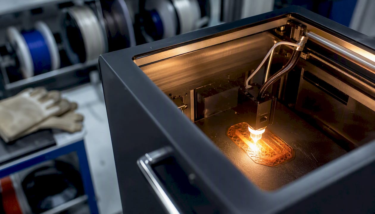 Close-up of heated 3D printer nozzle and chamber