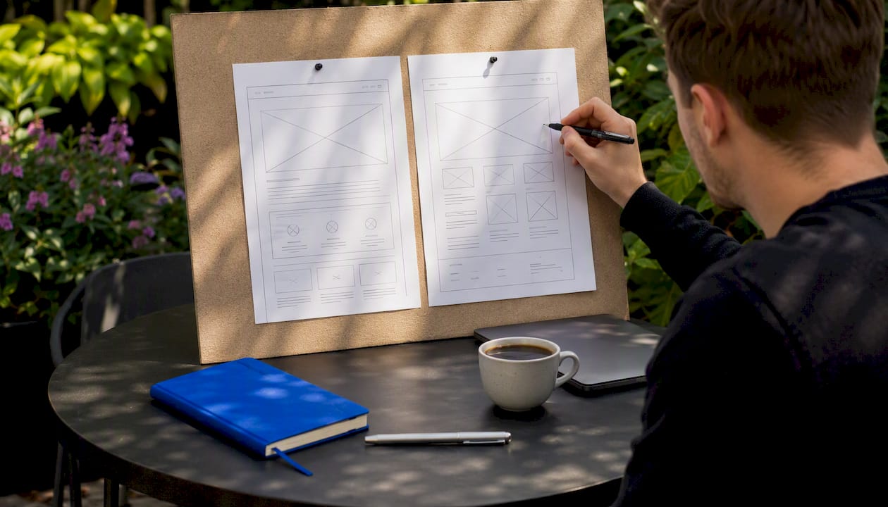 Hand reviewing landing page wireframes