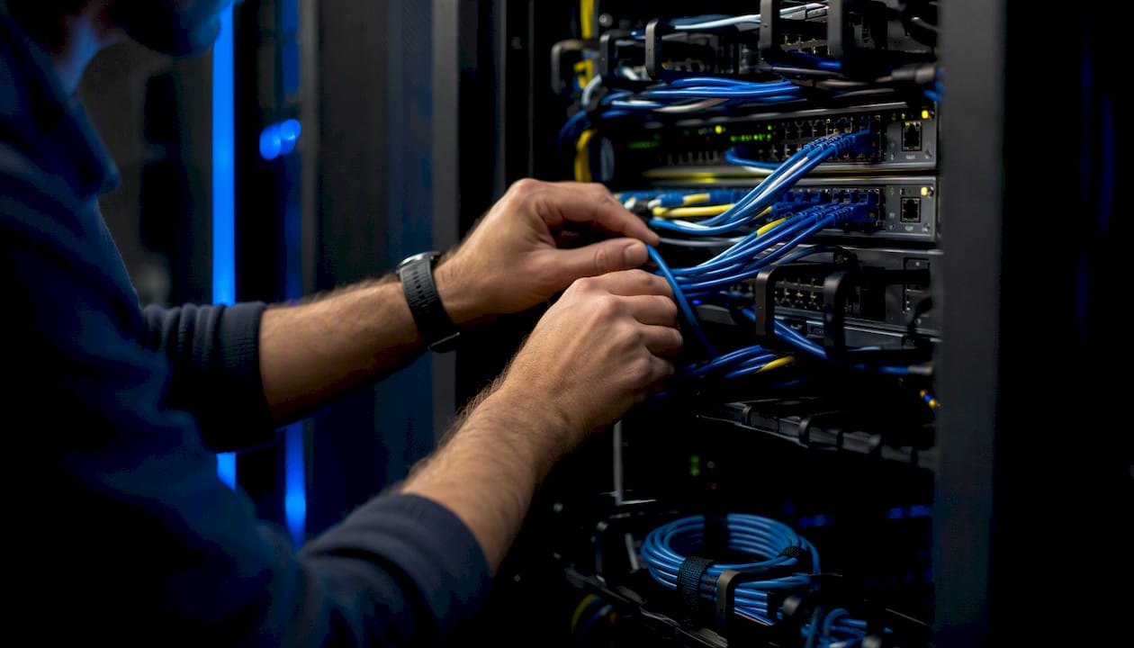 Hands organizing cables on server rack