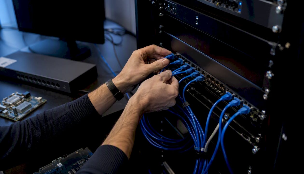 Hands connecting network cables in server rack