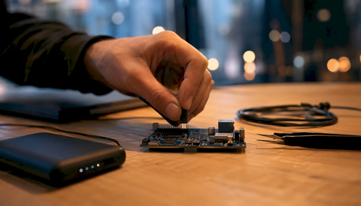 Hand connecting a cable to circuit board