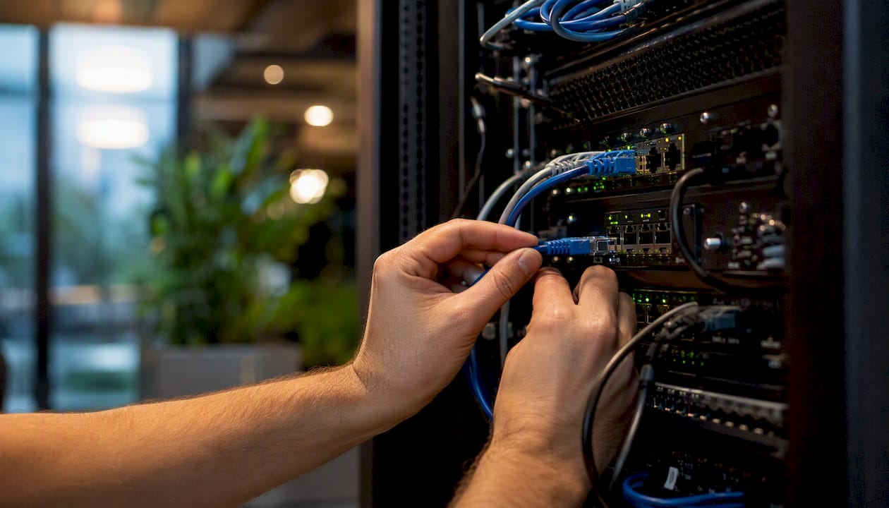 Hands connecting network cable to server rack