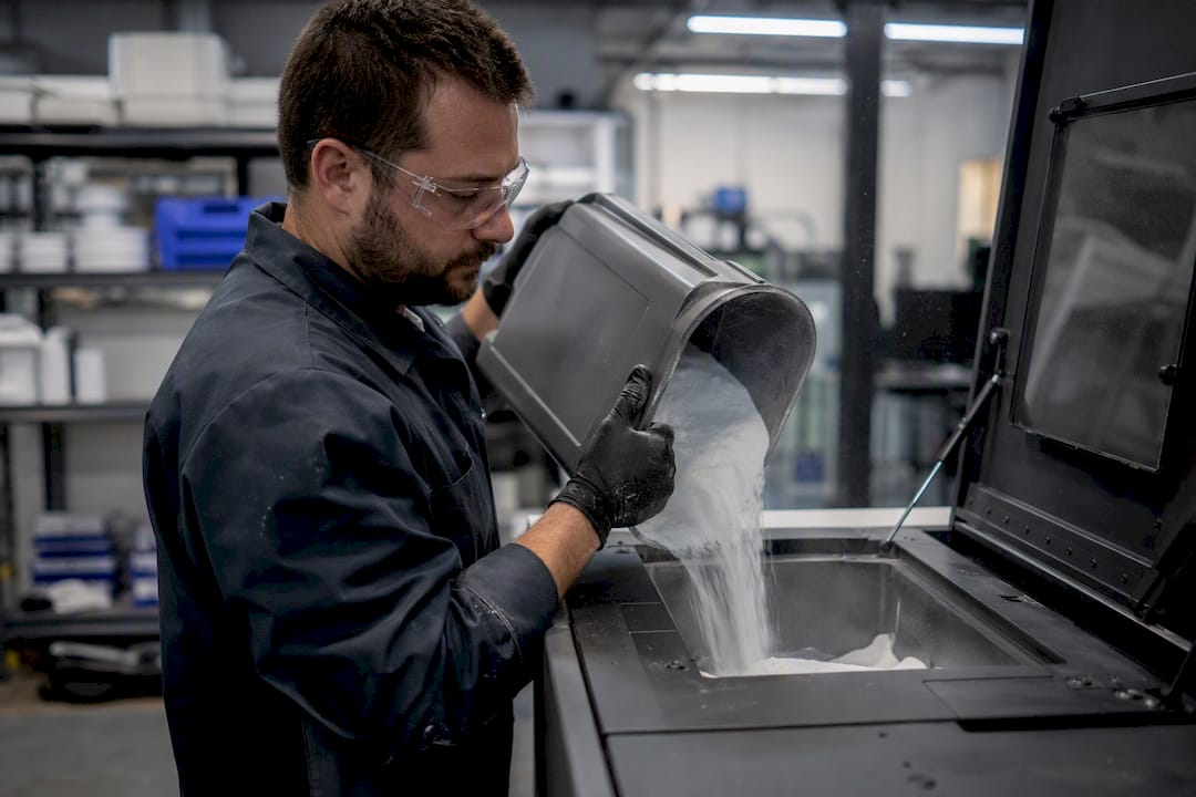 Hands loading Nylon 12 powder into SLS 3D printer